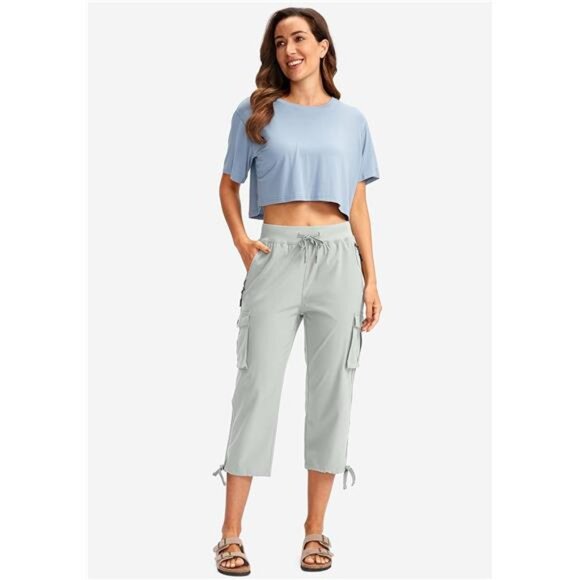 Women's Cargo Capris‎ Blue with 6 Pockets Lightweight Quick Dry Travel Pants - Picture 5 of 5